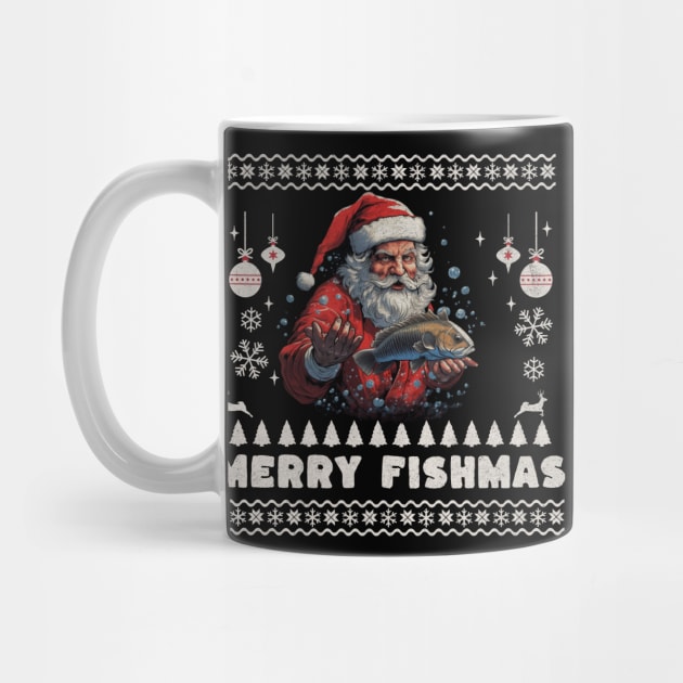 Merry Fishmas Santa Fishing Ugly Christmas Sweater by VisionDesigner